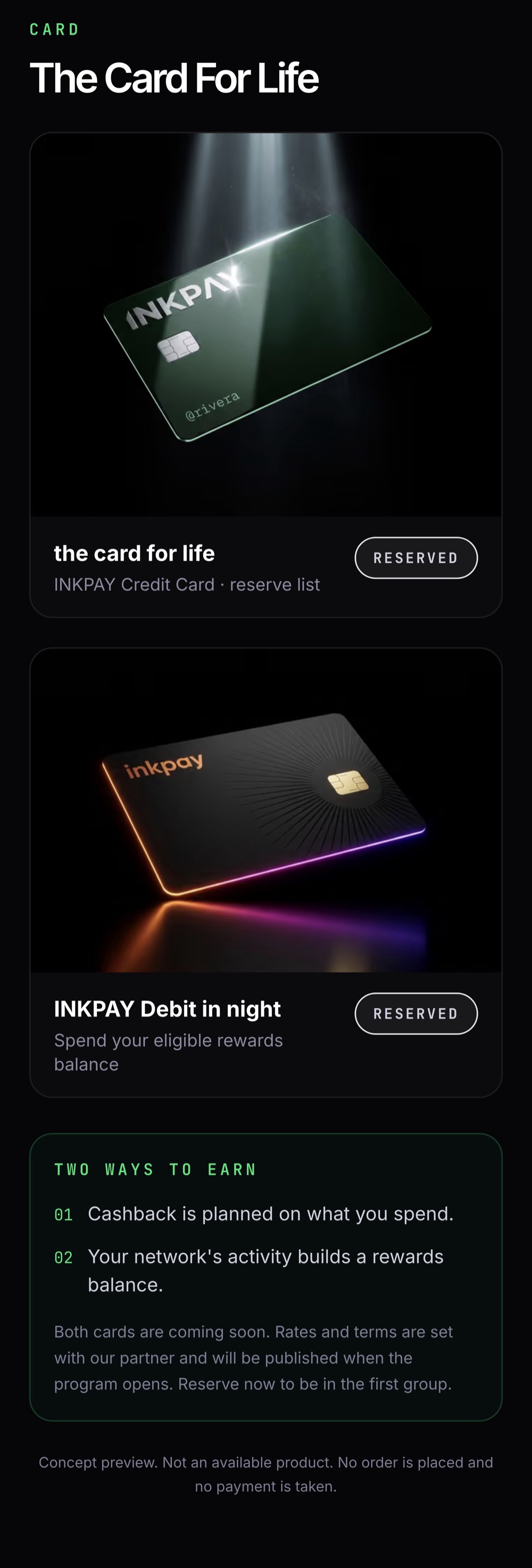 INKPAY app card screen: The Card For Life, with the green credit card and the night debit card, both marked reserved