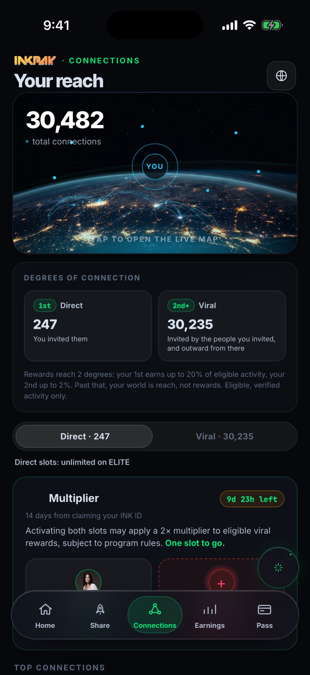 INKPAY app Connections screen: total reach over a live globe, with direct and viral connections broken out by degree