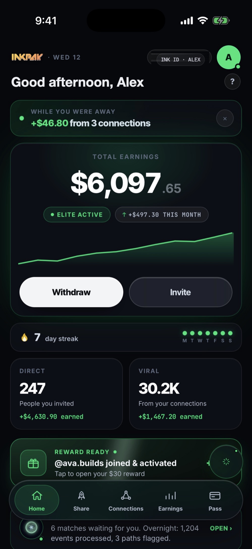 INKPAY app home screen showing total earnings and direct and viral connection counts