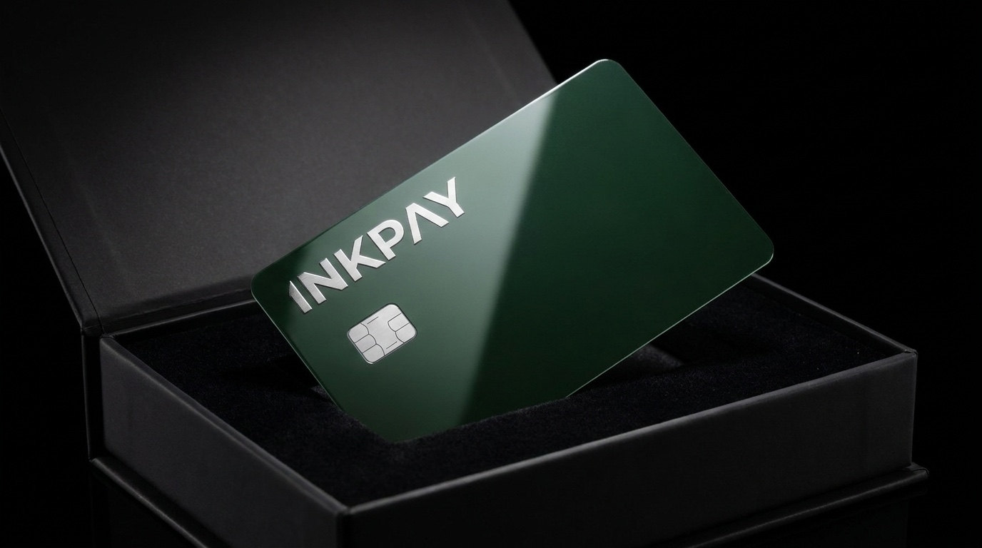 The INKPAY card in an open presentation box: deep green semi gloss face with the INKPAY wordmark in polished metal