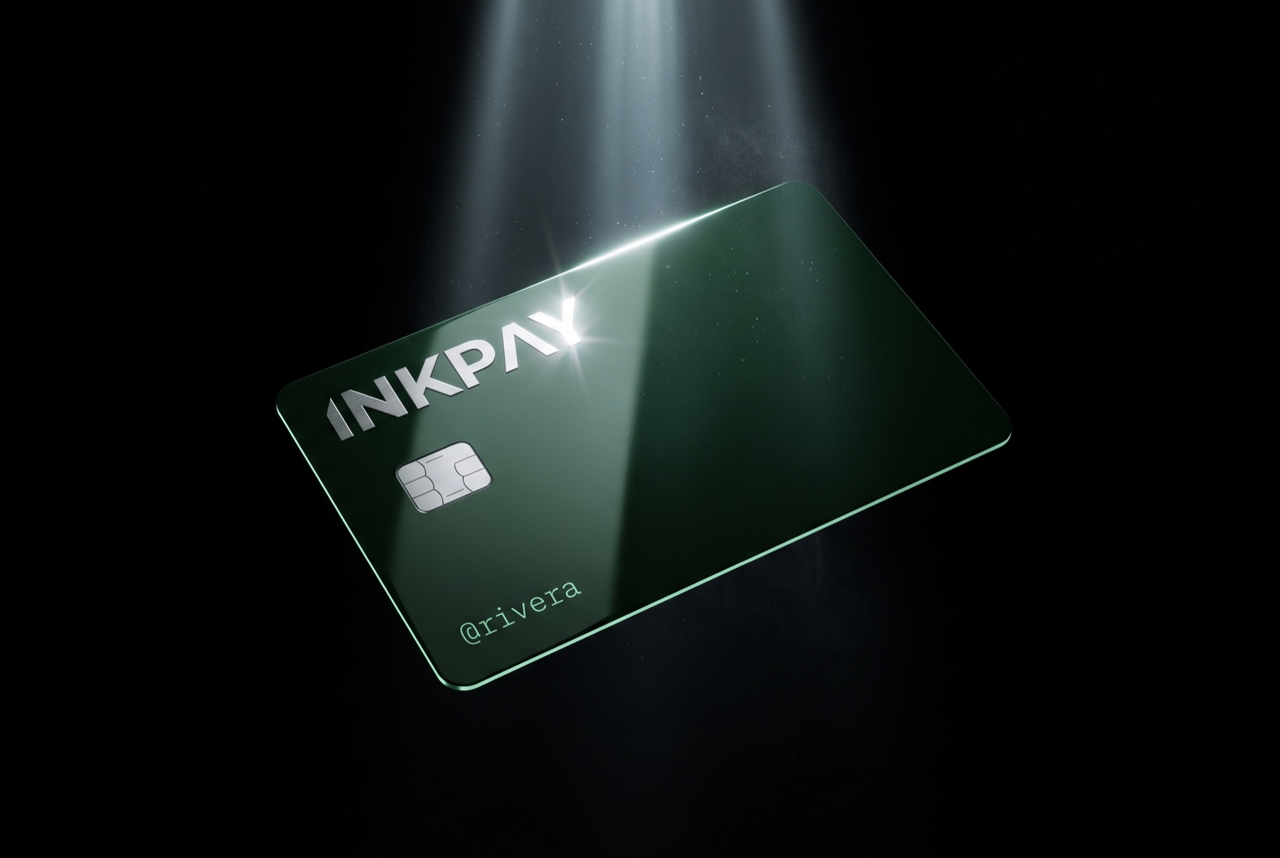 The INKPAY card in a beam of light: deep green lacquer, polished metal INKPAY wordmark, mint edge glow, and a member INK ID