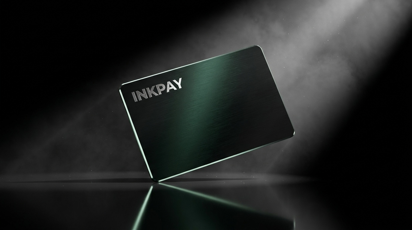Concept render: an INKPAY card floating above a black mirror, a blade of light crossing its brushed metal face