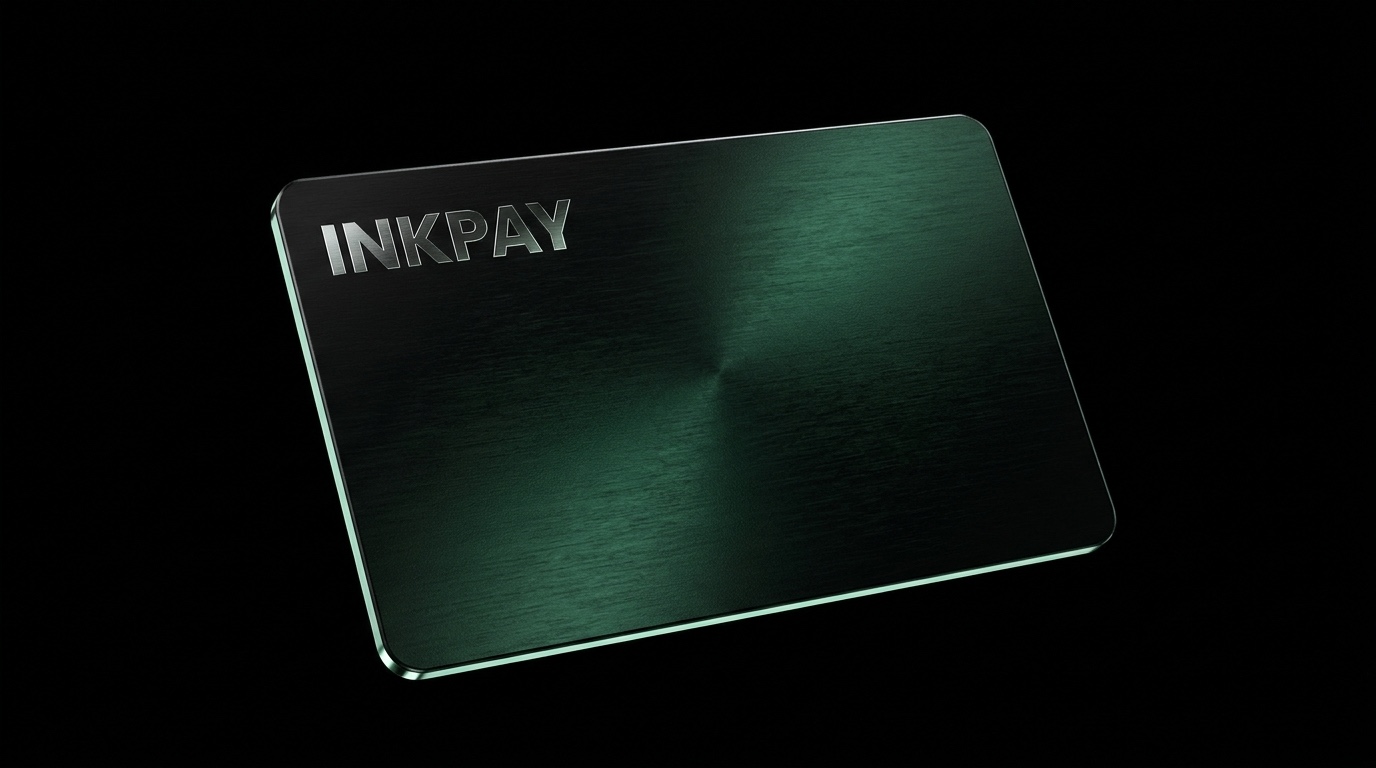 Concept render: a brushed obsidian INKPAY card whose green shows only where light rakes across it