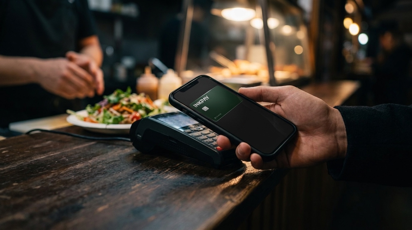 Paying for food at a counter by holding a phone showing the INKPAY card up to a contactless terminal